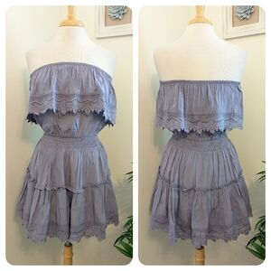 MOD Strapless Lace Smocked Waist Fit & Flare Mini Dress Purple Medium